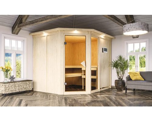 Houten sauna met glazen deur in een lichte ruimte