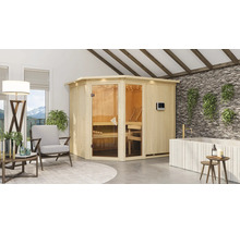 Lichte sauna met glazen deur, houten banken en digitaal bedieningspaneel in een badkamer met ligbad en zitgelegenheid.