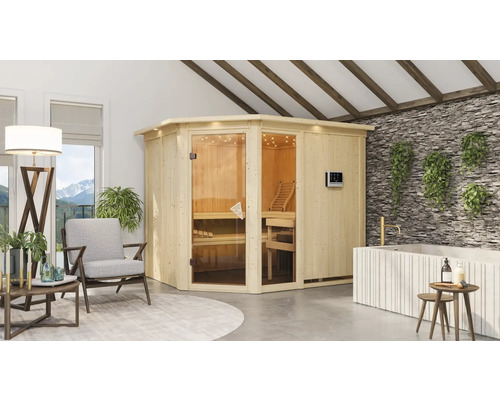 Lichte sauna met glazen deur, houten banken en digitaal bedieningspaneel in een badkamer met ligbad en zitgelegenheid.