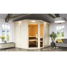 Houten sauna met zitelementen in een lichte ruimte