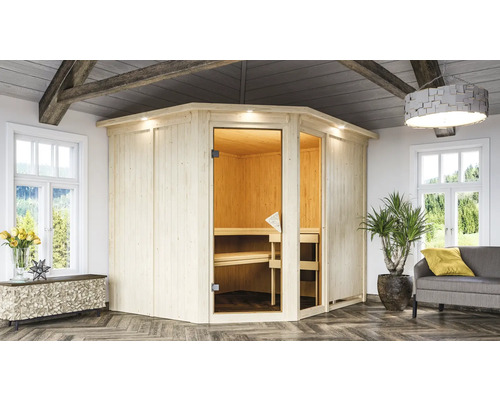Houten sauna met zitelementen in een lichte ruimte