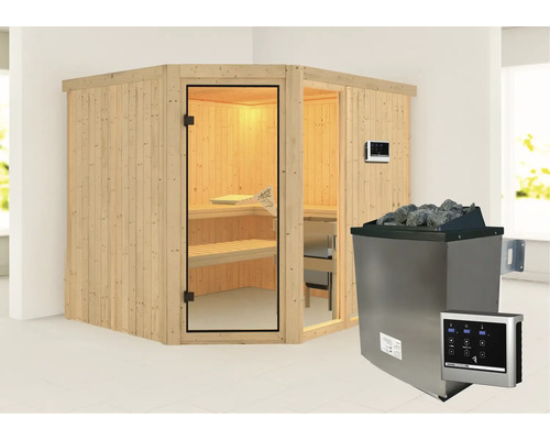 Hoeksauna met saunakachel en bediening