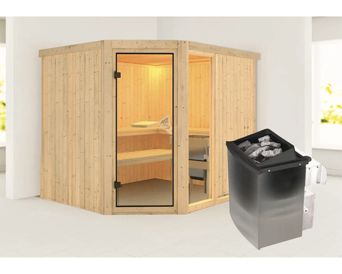 Hoeksauna met saunakachel en saunastenen