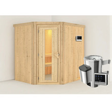 Houten hoeksauna met glazen deur en kachel inclusief besturing