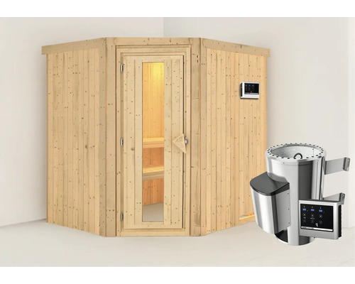 Houten hoeksauna met glazen deur en kachel inclusief besturing