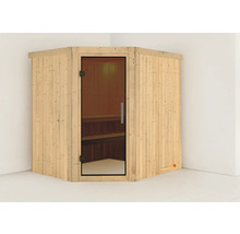 Hoeksauna van hout met glazen deur