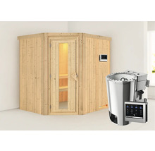 Houten sauna met glazen deur en kachel