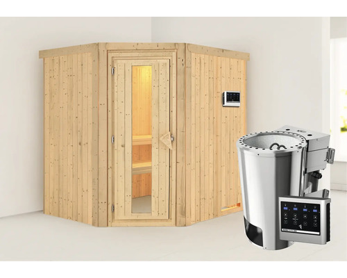 Houten sauna met glazen deur en kachel