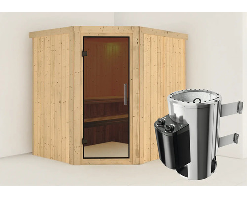 Houten hoeksauna met glazen deur en saunakachel