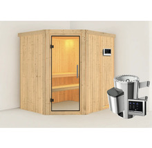Houten hoeksauna met glazen deur, saunabediening en kachel