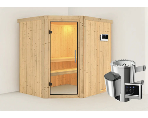 Houten hoeksauna met glazen deur, saunabediening en kachel