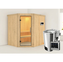 Houten hoeksauna met glazen deur en saunakachel met bediening