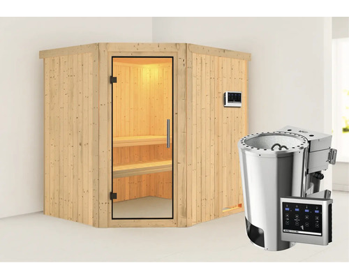 Houten hoeksauna met glazen deur en saunakachel met bediening