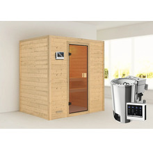 Sauna met houten bekleding, glazen deur en saunakachel met bediening