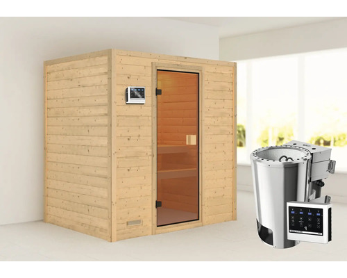 Sauna met houten bekleding, glazen deur en saunakachel met bediening