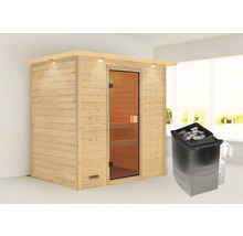 Houten sauna met glazen deur en saunakachel