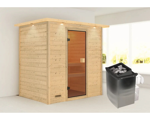 Houten sauna met glazen deur en saunakachel