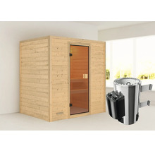 Houten sauna met glazen deur en saunakachel