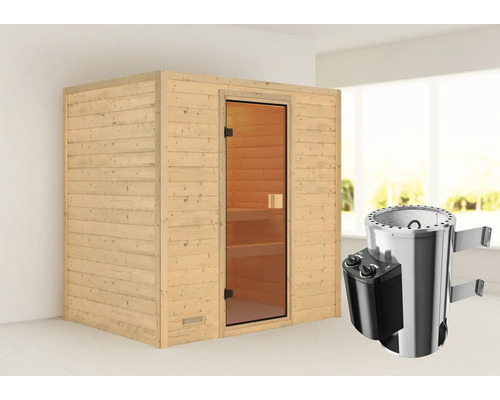 Houten sauna met glazen deur en saunakachel