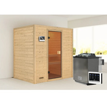 Houten sauna met glazen deur en saunakachel