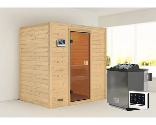 Houten sauna met glazen deur en saunakachel