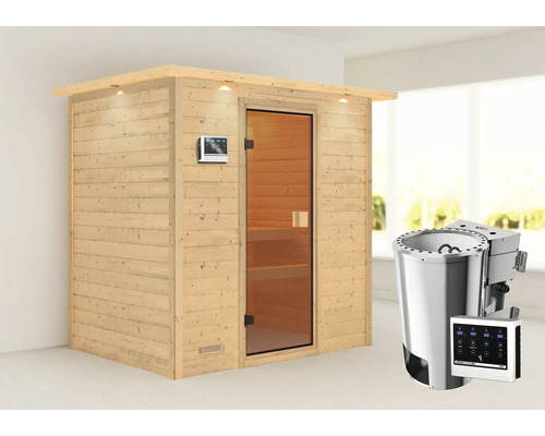 Houten sauna met glazen deur, bediening en saunakachel