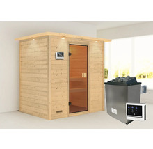 Houten sauna met glazen deur en saunakachel