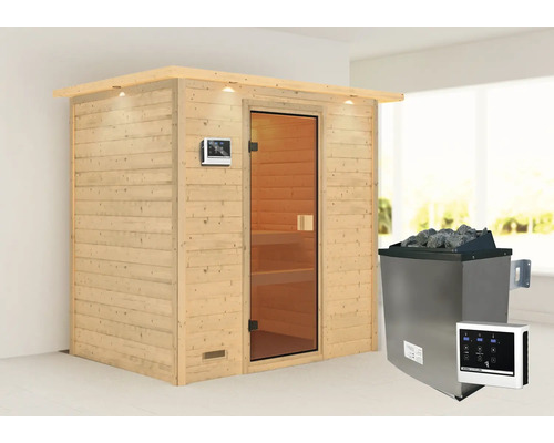 Houten sauna met glazen deur en saunakachel