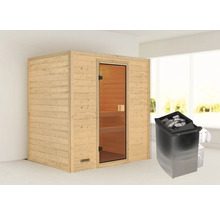 Houten sauna met glazen deur en saunakachel