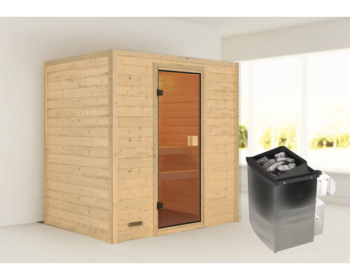 Houten sauna met glazen deur en saunakachel