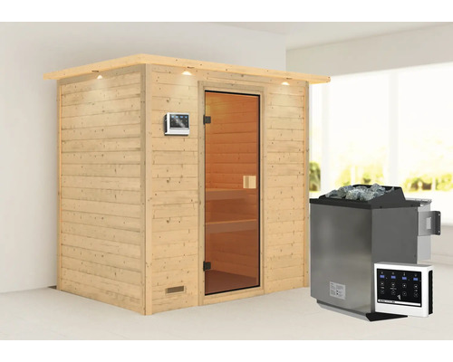 Sauna met glazen deur, bediening en sauna kachel