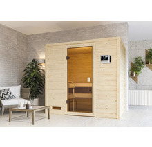 Houten sauna met glazen deur en bedieningselement in een moderne ruimte