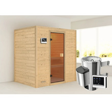 Sauna met glazen deur, bedieningspaneel en kachel