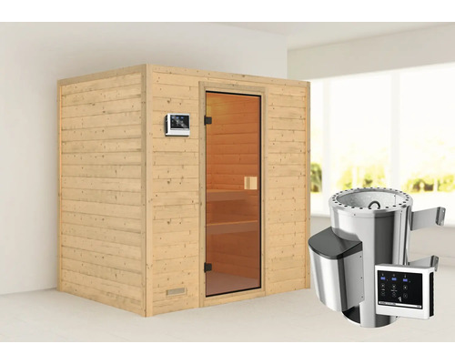 Sauna met glazen deur, bedieningspaneel en kachel