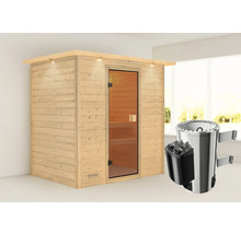 Houten sauna met glazen deur en saunakachel