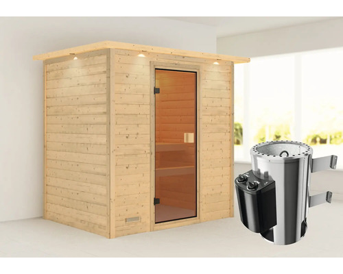 Houten sauna met glazen deur en saunakachel