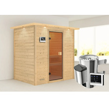Sauna met houten bekleding, glazen deur en saunakachel met bediening