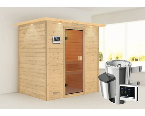Sauna met houten bekleding, glazen deur en saunakachel met bediening