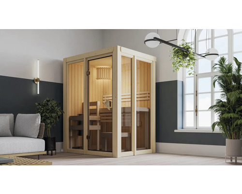 Interieurweergave van een sauna met houten banken en een glazen voorkant