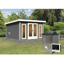Saunahuis met saunakachel en bediening in de tuin