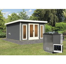 Buitensauna met saunakachel en saunastenen in de tuin