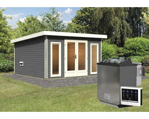 Buitensauna met saunakachel en saunastenen in de tuin