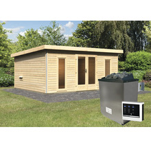 Houten sauna met saunakachel en bediening in de tuin