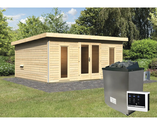 Houten sauna met saunakachel en bediening in de tuin