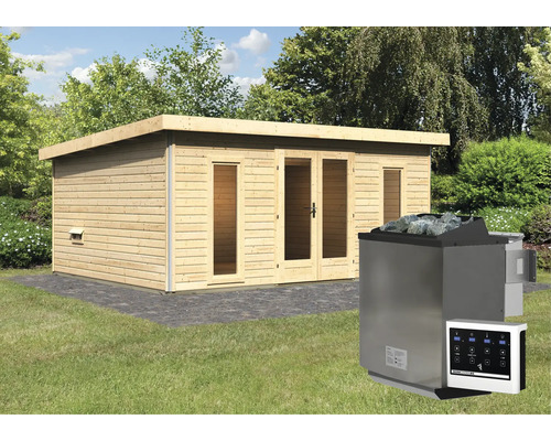Houten sauna met saunakachel en bediening in de tuin