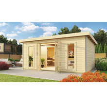 Houten tuinhuis met sauna en glazen voorkant