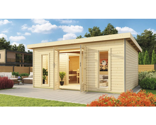 Houten tuinhuis met sauna en glazen voorkant