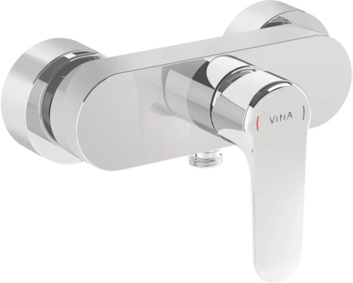 Verchroomde douchekraan met enkele hendel en Vitra logo.