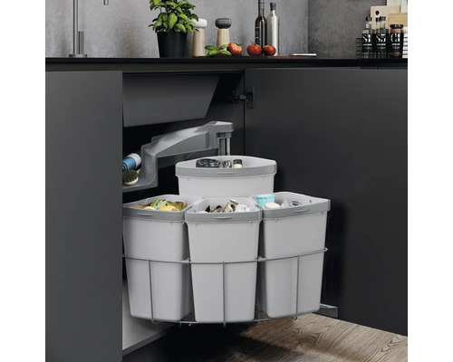 Afvalscheidingssysteem voor keukenkast met meerdere bakken voor afvalsortering.