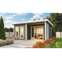 Modern tuinhuis met terras, tuinmeubelen en beplanting.